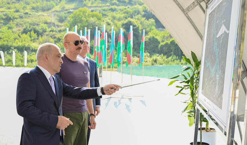Prezident İlham Əliyev Laçında “Həkəriçay” su anbarının təməlini qoyub
