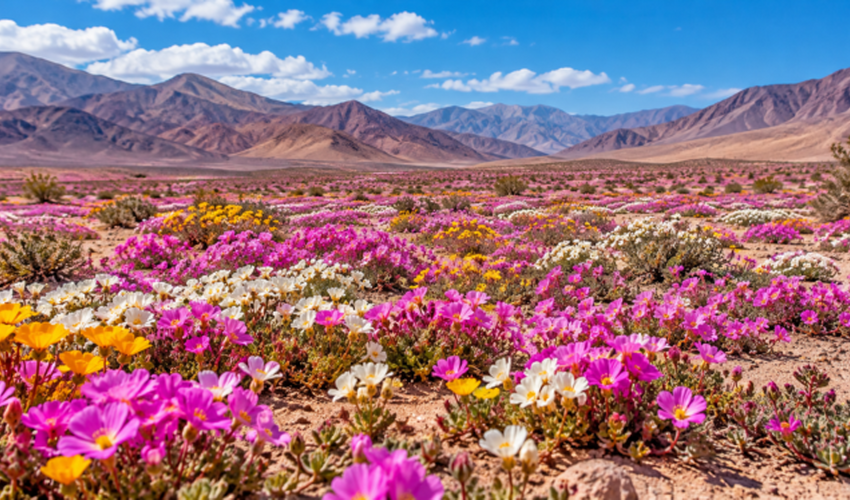Dünyanın ən quraq səhrası yağışlardan sonra çiçəklərə büründü-Foto