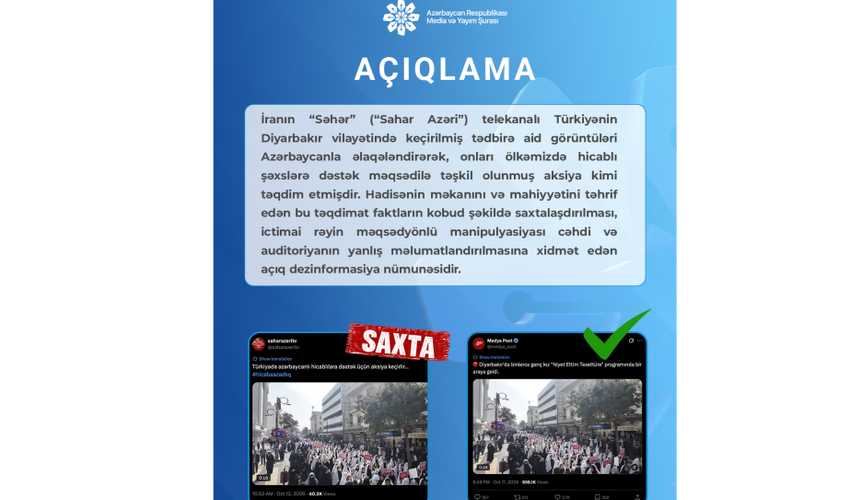 Media və Yayım Şurası: İranın "Səhər" telekanalı ictimai rəyi çaşdıran dezinformasiya yayır